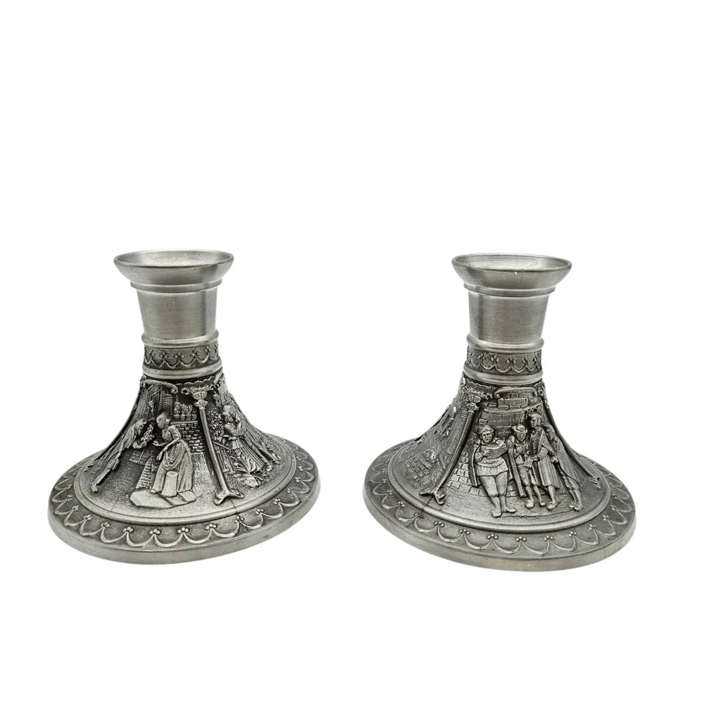 2 German Carved Courting Scenes Zinn 95% Pewter Tin Candlestick Holders Pair